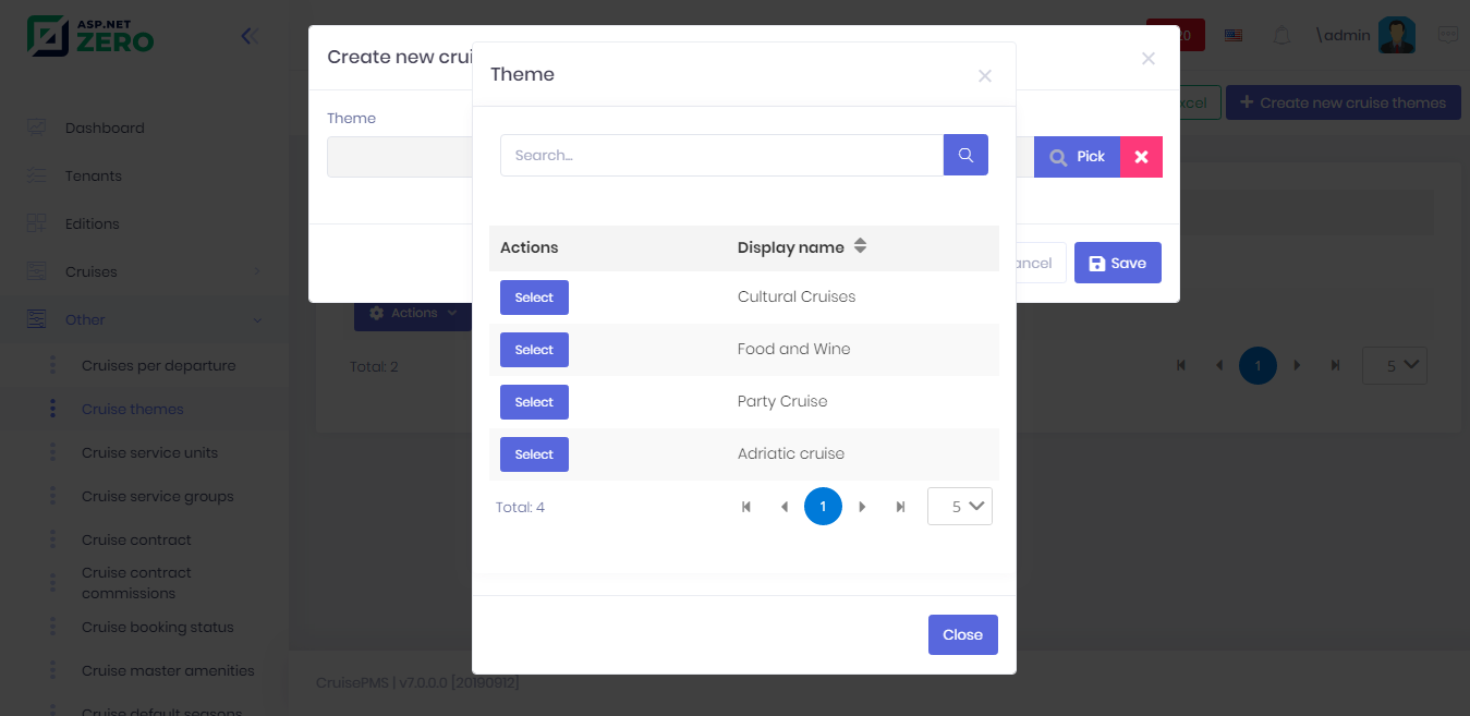 Cruise theme selection screen