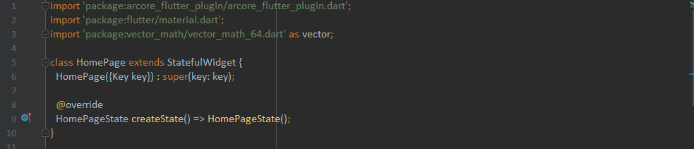 Create HomePage Stateful Class and return ArCoreView in Scafold body like below